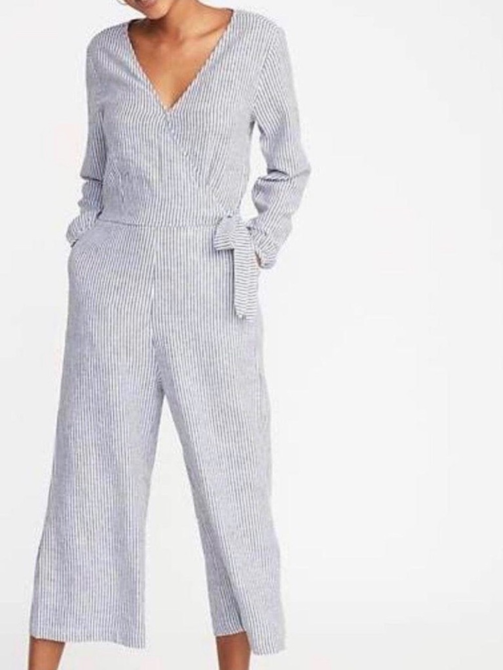Old Navy Linen Blend Striped Faux Wrap-Front Long Sleeve Wide Leg Jumpsuit , M